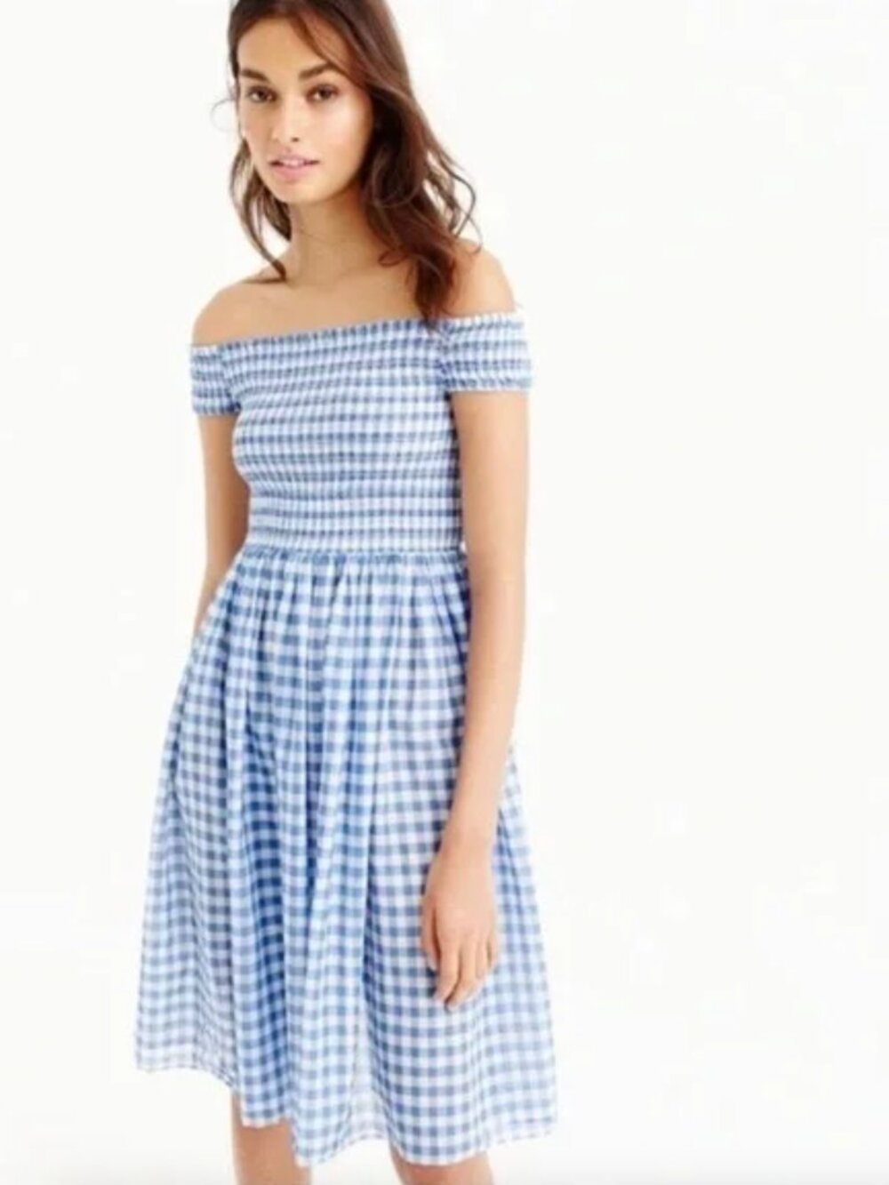 J.Crew Smocked Off-the-Shoulder Blue Gingham Dress